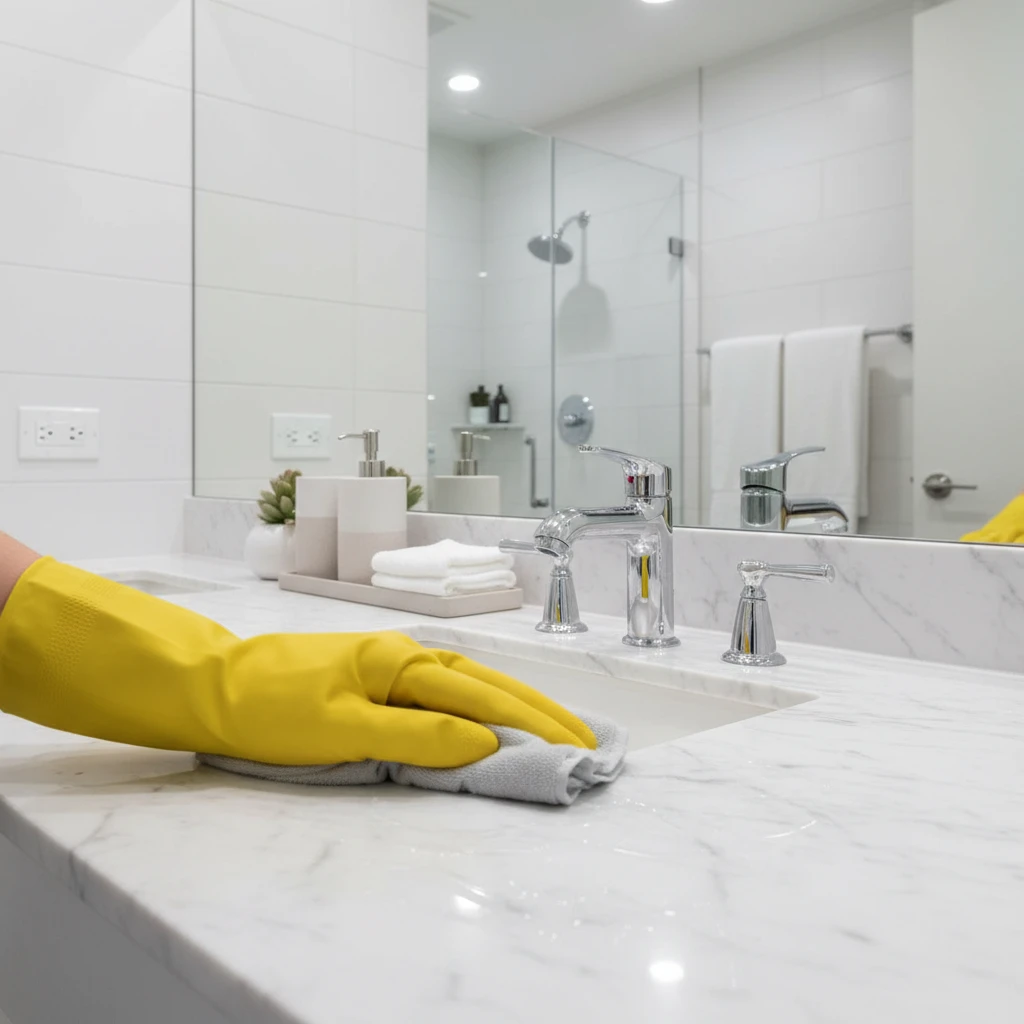Modern banyoda lavabo ve armatür temizliği - sarı eldivenle profesyonel temizlik
