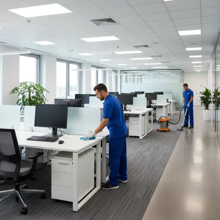 Profesyonel ofis temizliği - masaları silen ve halı temizleyen temizlik ekibi