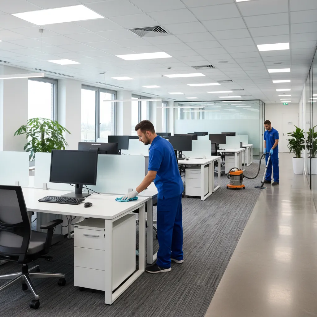 Profesyonel ofis temizliği - masaları silen ve halı temizleyen temizlik ekibi